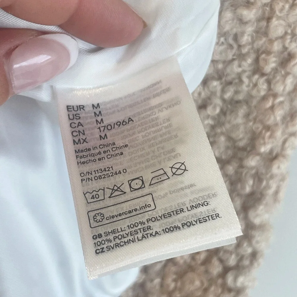H&M Womens Long Sleeve‎ Fleece Full Zip Sherpa Jacket Brown M Pockets Teddy Bear